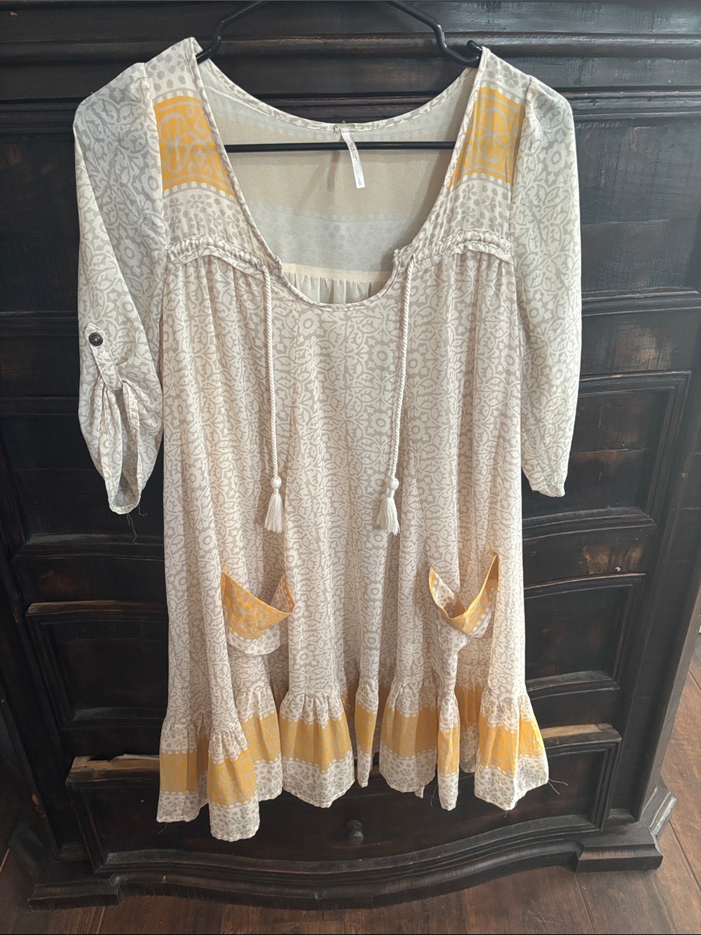 Free People Cream Peasant Ruffled Hem Swan Combo Penny Lane Dress Large